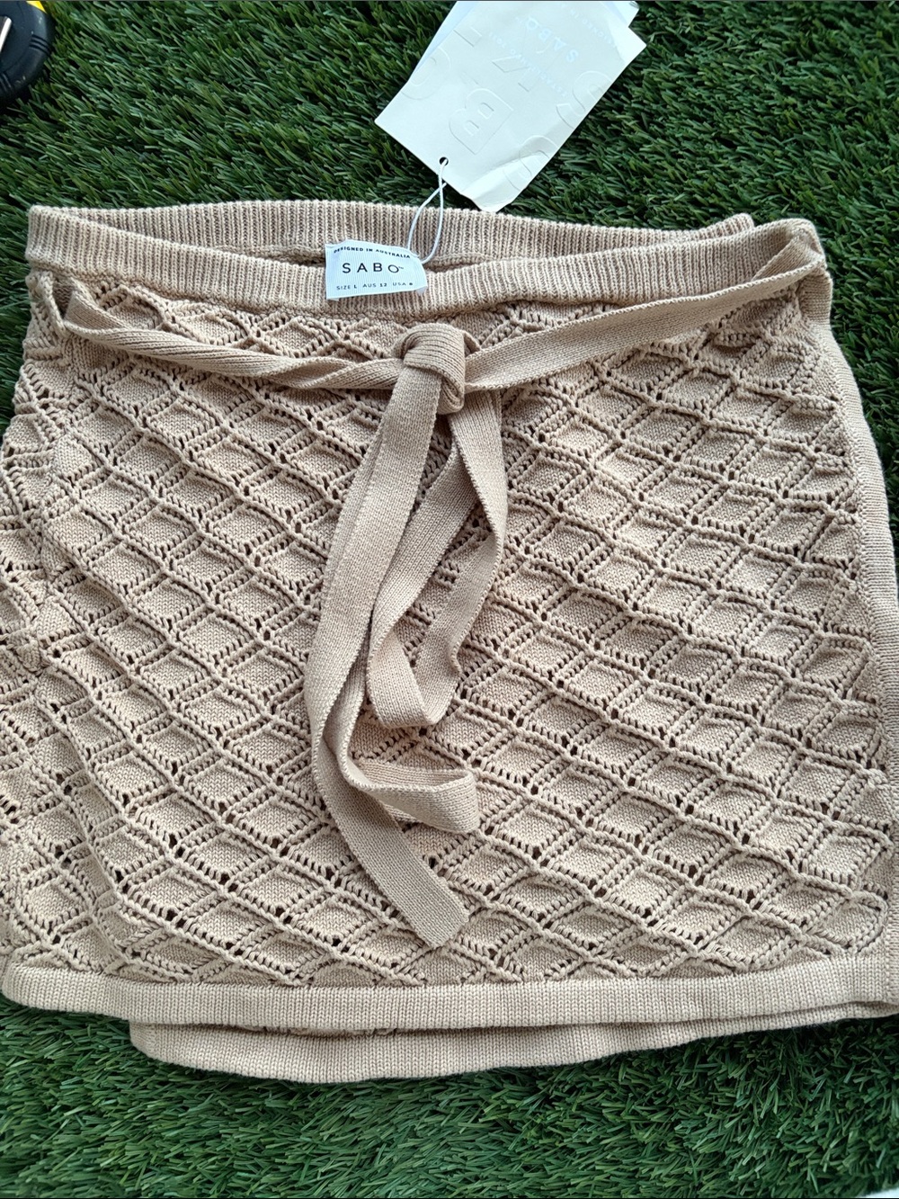Sabo Skirt Tan Knit Diamond Lace Mini with Tie Waist